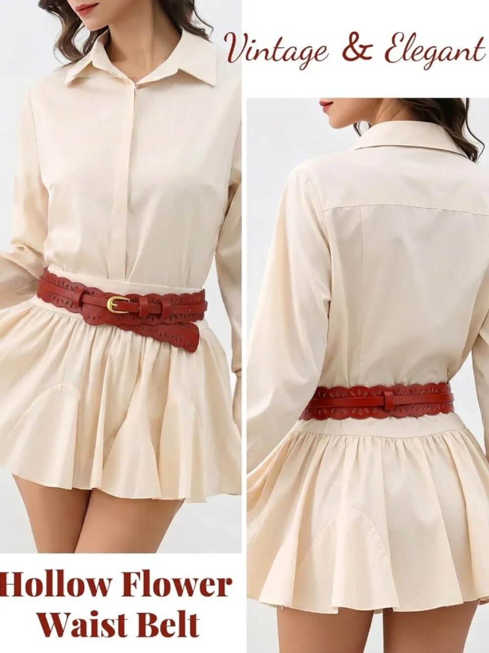 Stylish Wide Leather Belt for Women - 2-in-1 Detachable Hollow Flower Design
